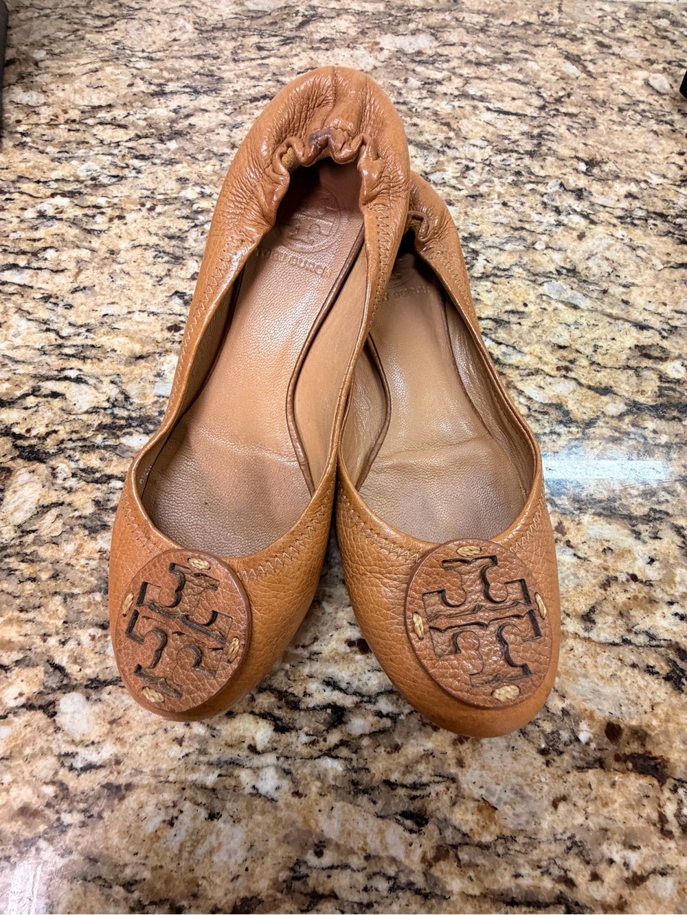 Tory Burch Cognac Leather Logo Ballet Flats